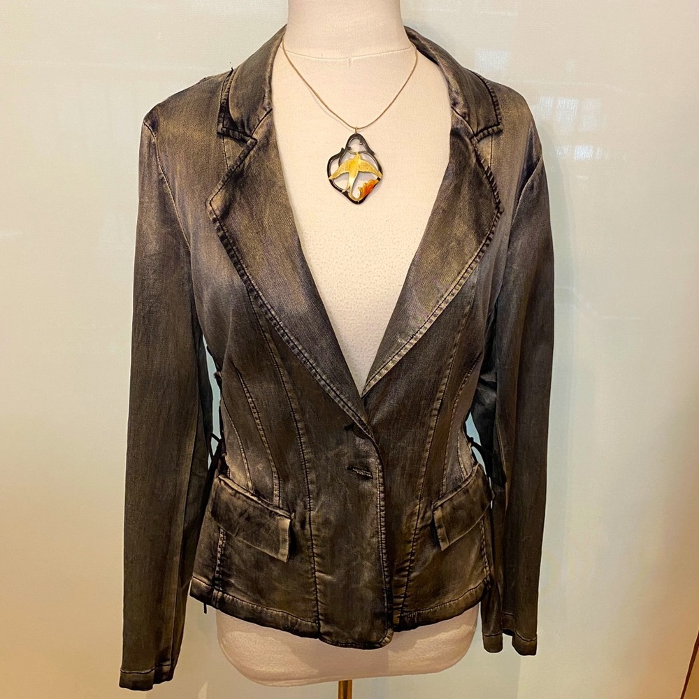 Simon Chang Metallic Bronze and Black Fitted Blazer